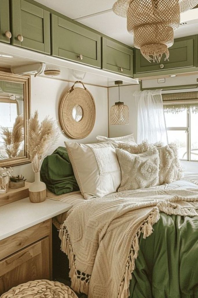 Evergreen camper interior with rustic appeal.