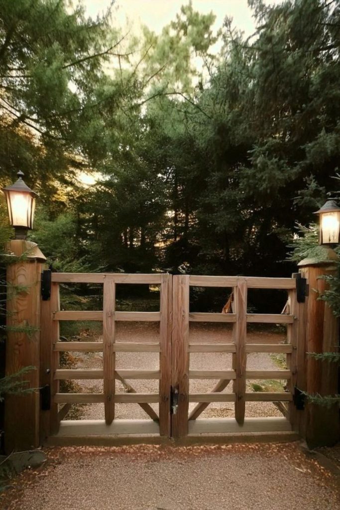 Lantern post illuminated farm entrance gate