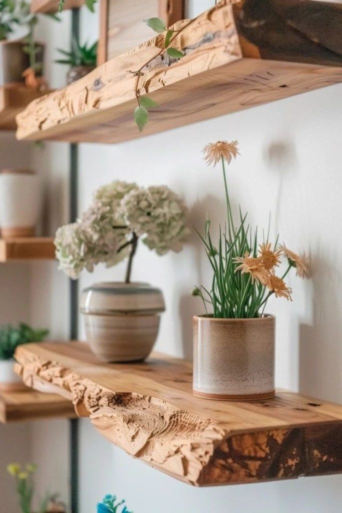 Rustic farmhouse wooden beam plant shelf