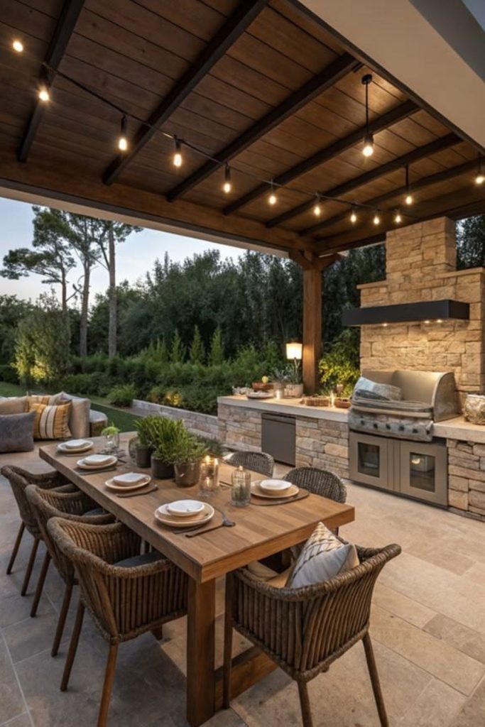 Farmhouse porch outdoor kitchen with seating.