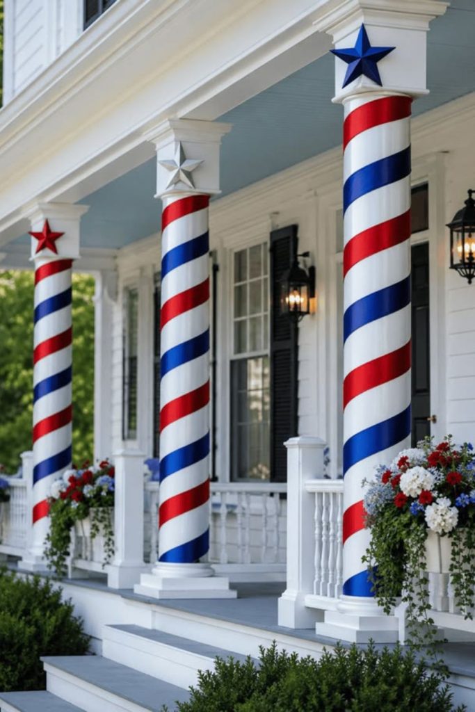 Porch filled with flowing ribbons flags and vibrant patriotic celebration motion