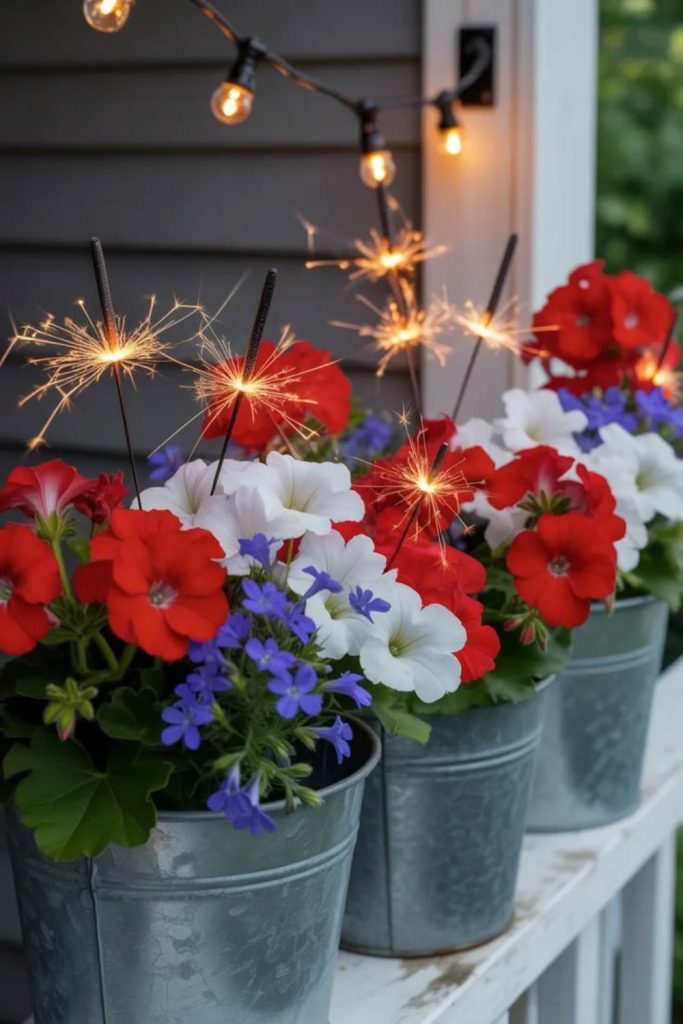 Buckets overflowing with bright patriotic blooms