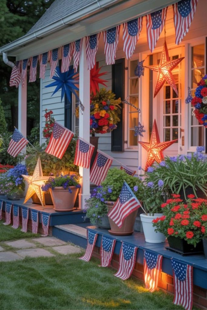 Festive porch with colorful pinwheels ribbons and vibrant patriotic celebration vibe