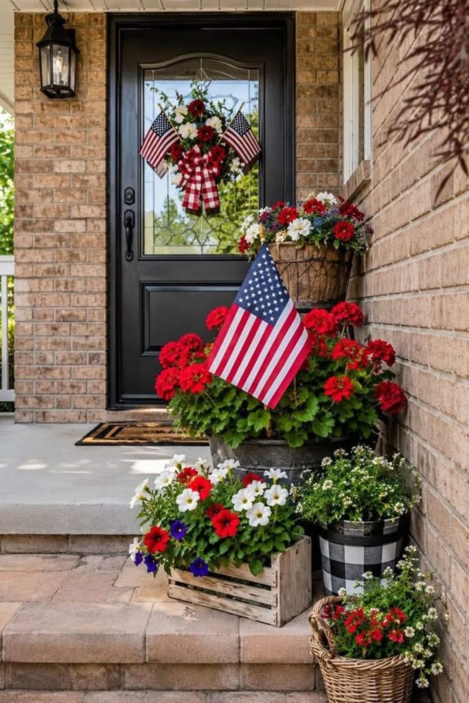 Colorful barrel flowers bursting summer patriotism