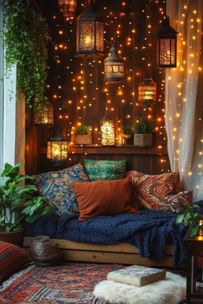 Firefly lanterns glowing throughout cozy retreat.