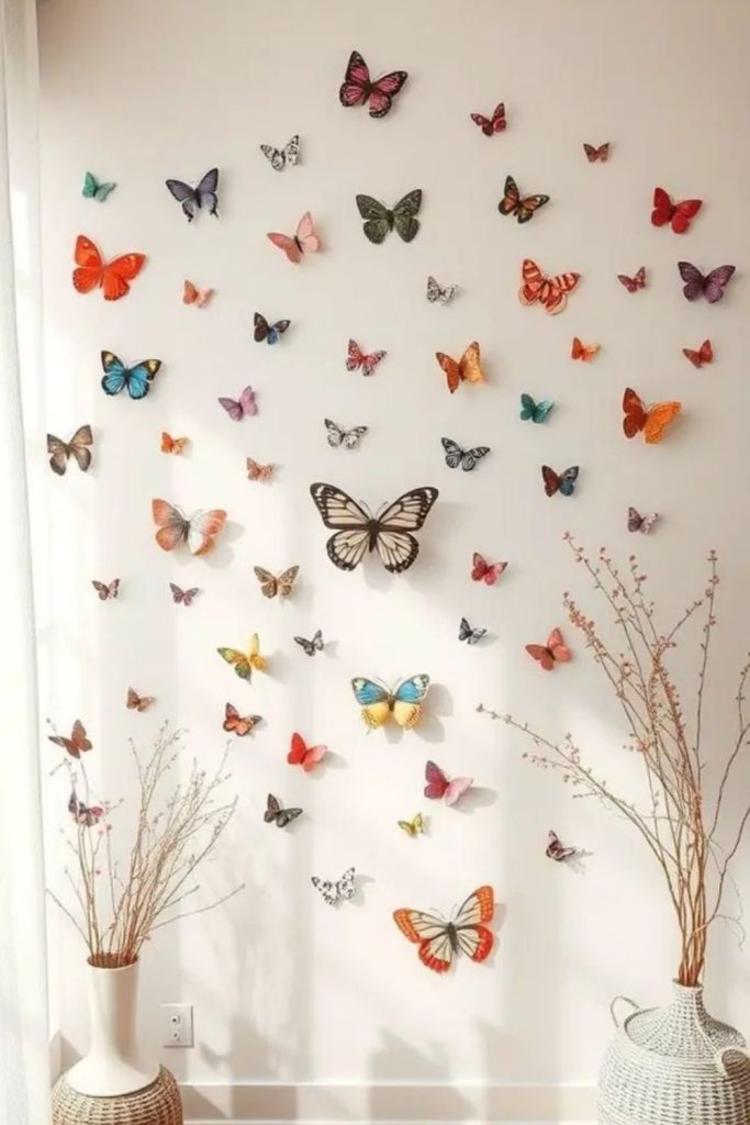 Floating butterfly swarm artistic wall installation.