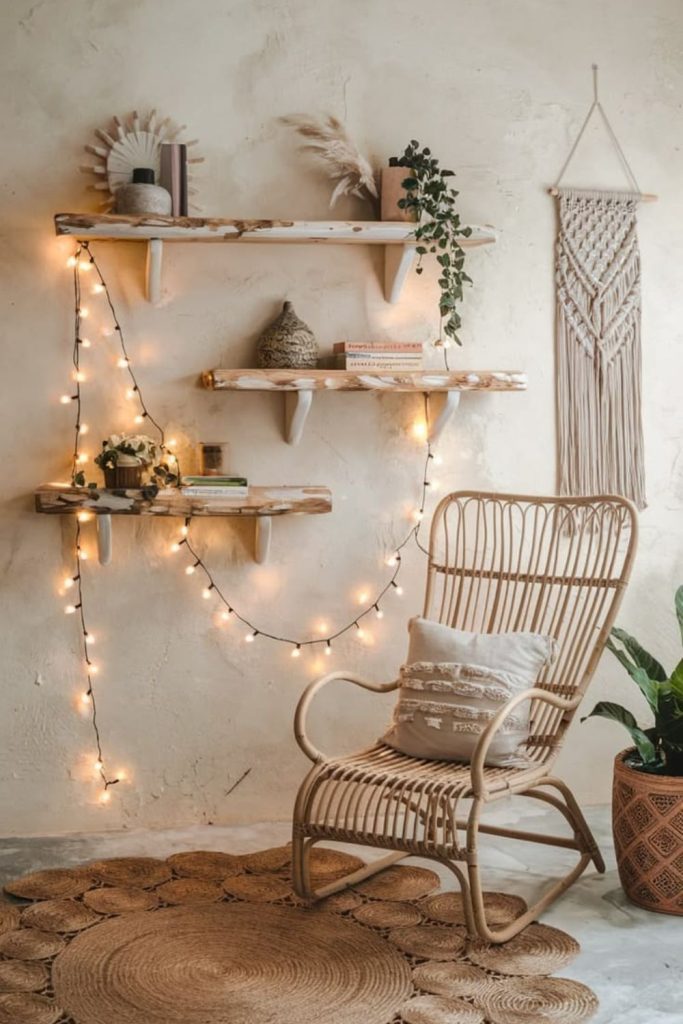 Minimal floating wooden shelf plant display