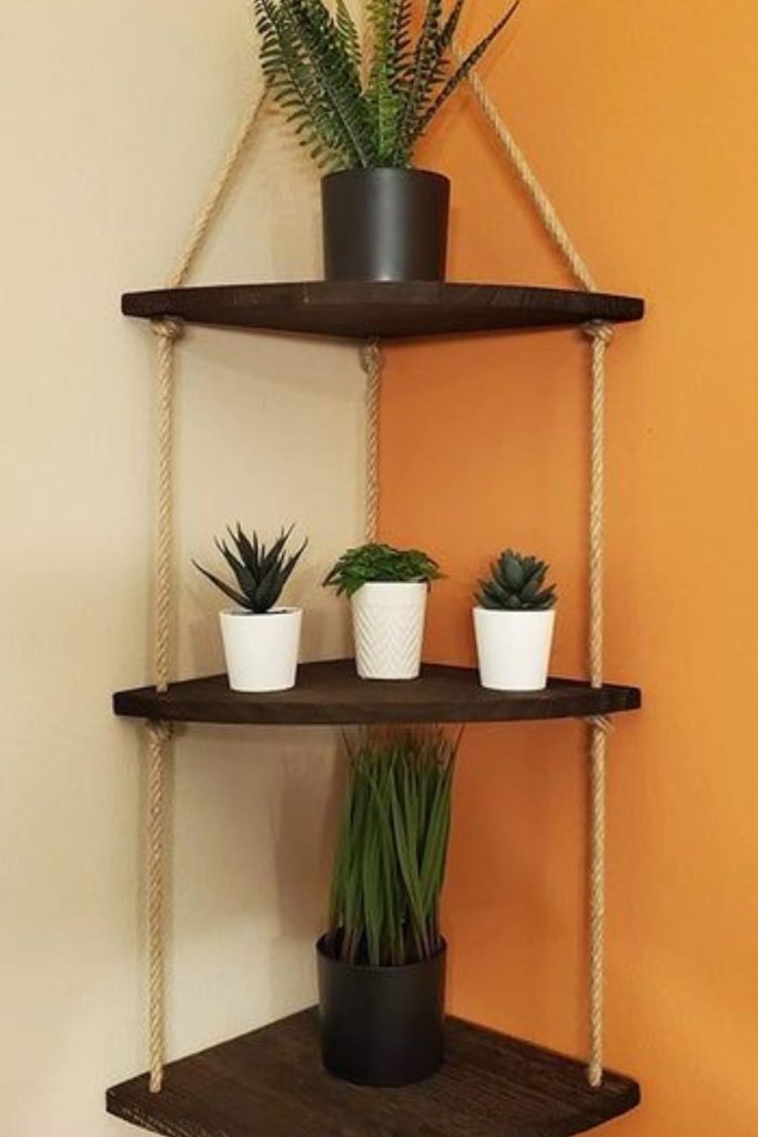 Wall mounted corner plant shelf design