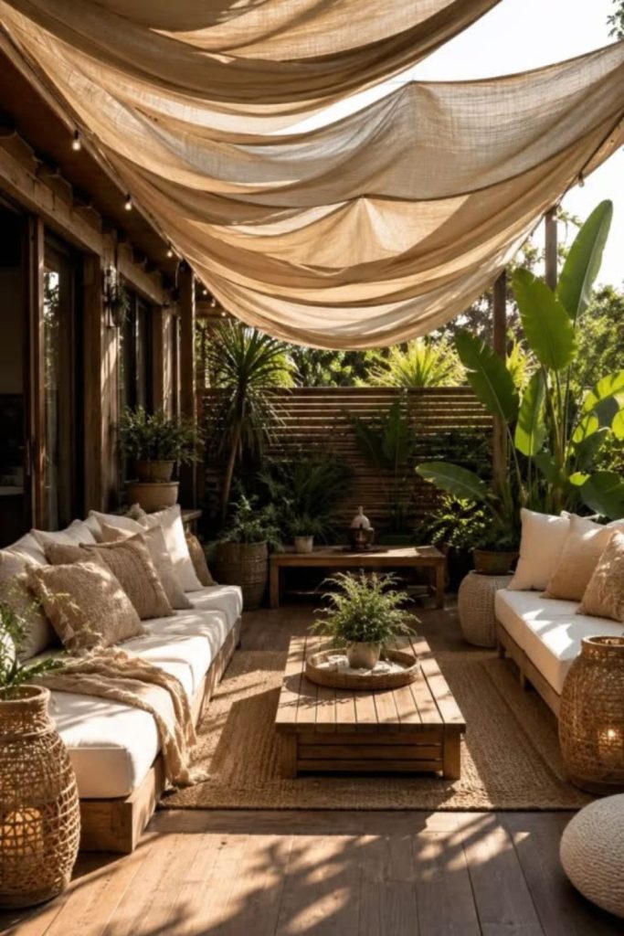 Floating fabric shade outdoor deck lounge