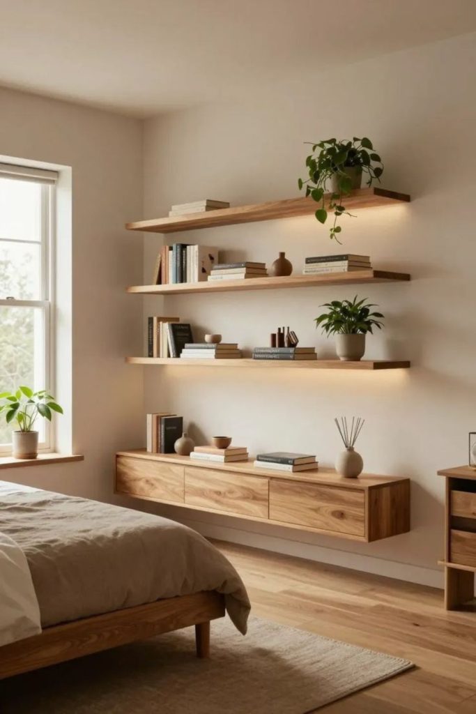Floating oak shelf with modern décor.