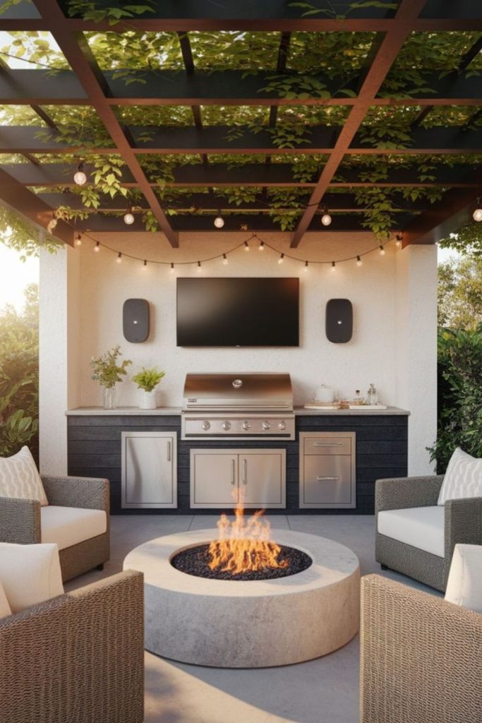 Pergola courtyard floating barbecue grill space