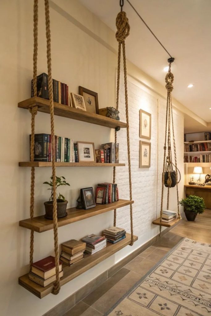 Hanging rope shelf plant tower.