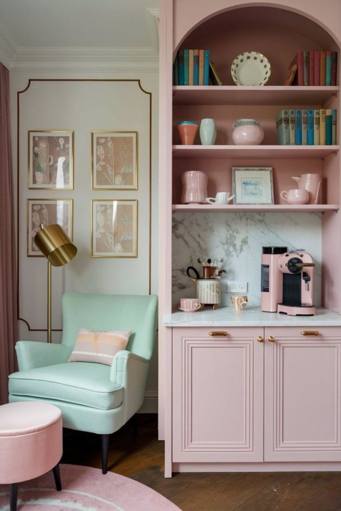 Floating teacups above pastel reading corner.