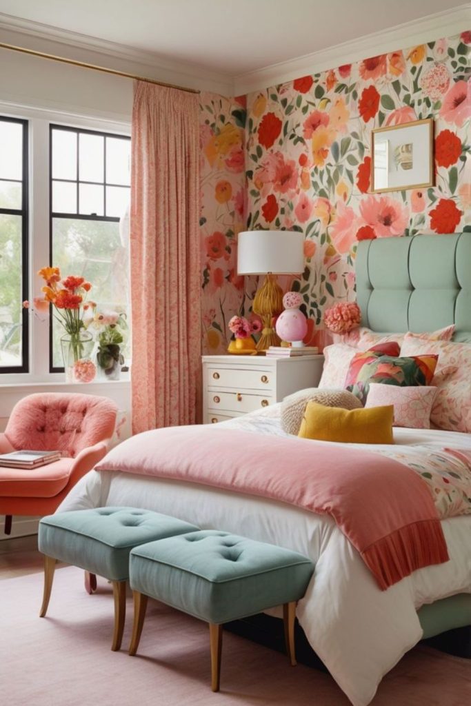Bold floral bedroom with colorful patterns.`