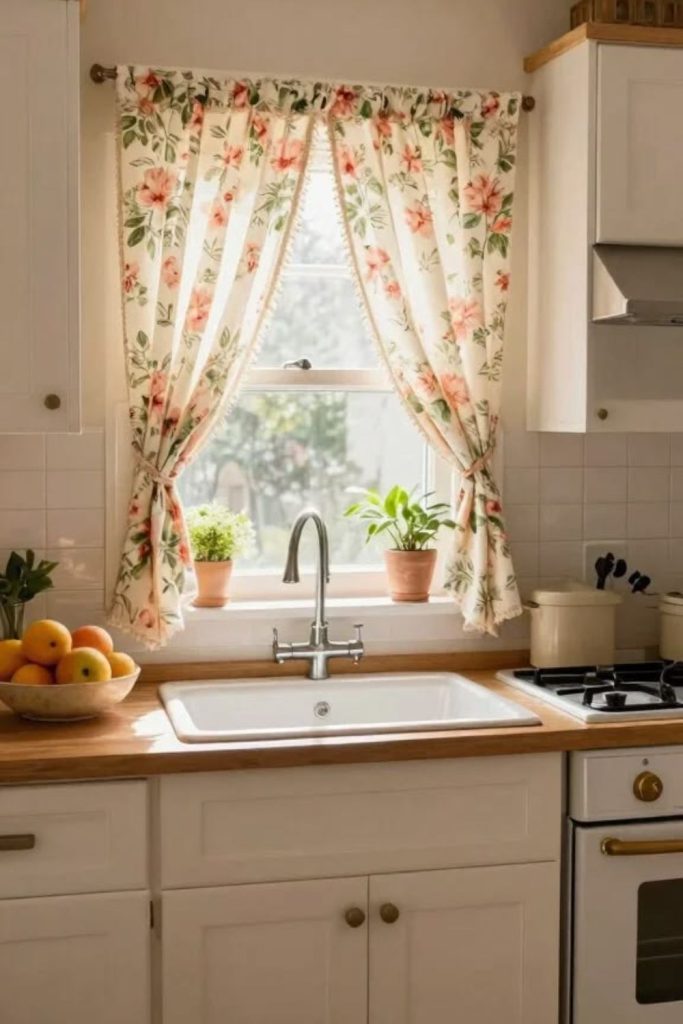 Vintage floral print kitchen window curtains style