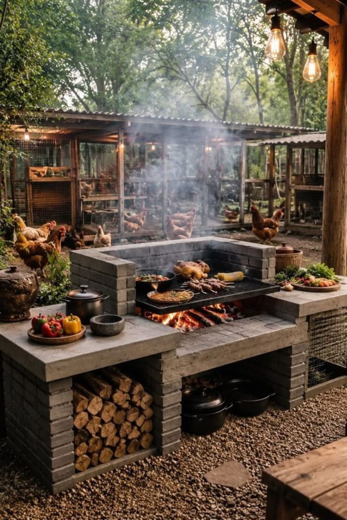 Woodland cabin style smoky grill area