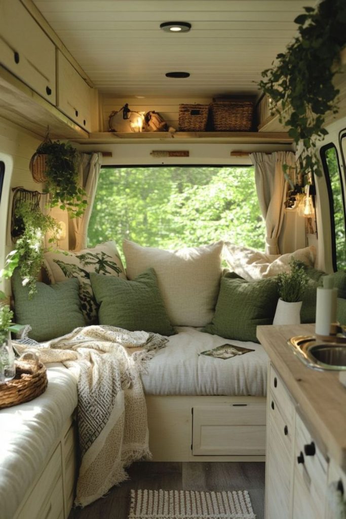 Forest green camper nook with warmth.