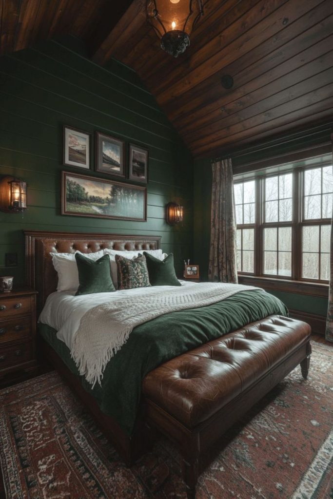 Forest green masculine bedroom with wood.