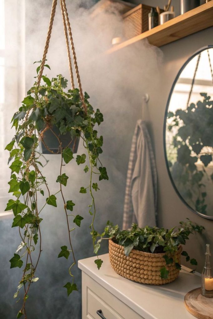 English ivy trailing from suspended basket.