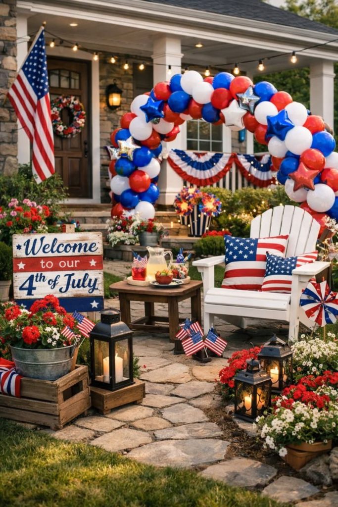 Patriotic balloons filling festive porch space