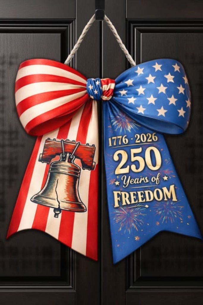 Flowing patriotic ribbon themed door hanger.