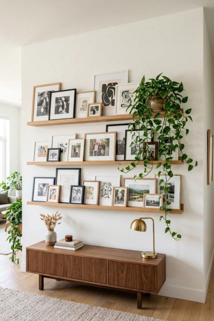 Layered gallery frames on shelves.