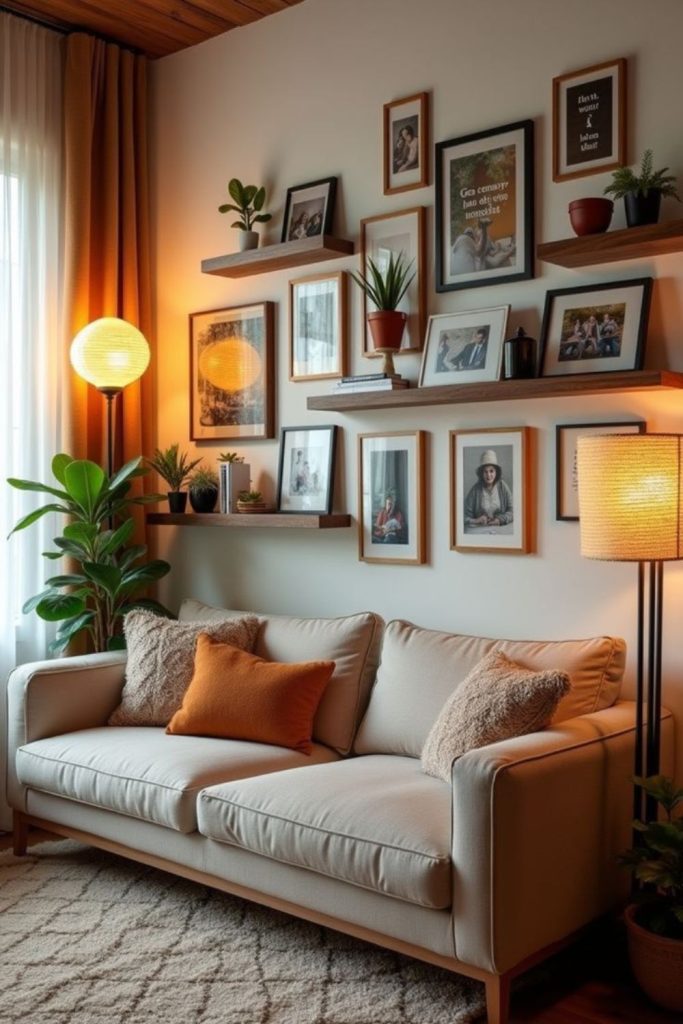 Gallery rail shelf displaying artwork.
