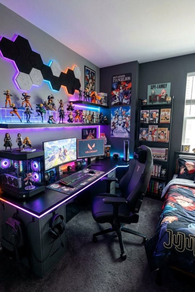 Gaming dorm with RGB lighting setup.