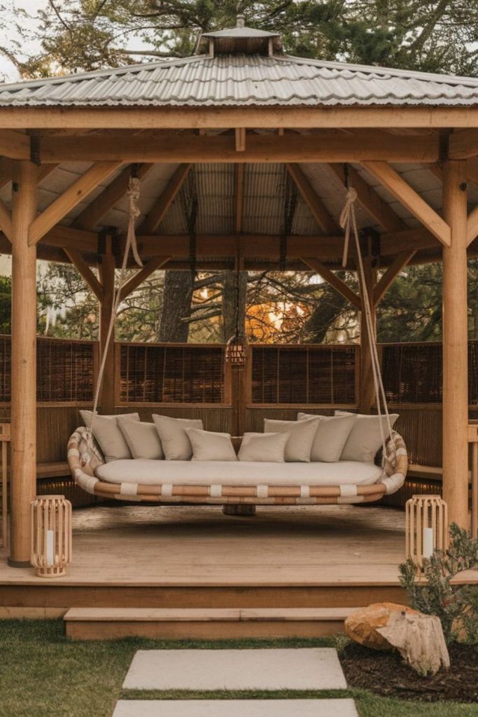 Garden swing patio under floral pergola cover