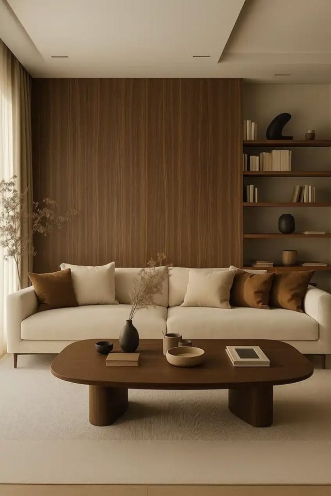 Walnut cabinetry with cream upholstered furniture.