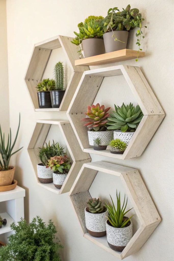 Modern hexagon wooden plant stand.