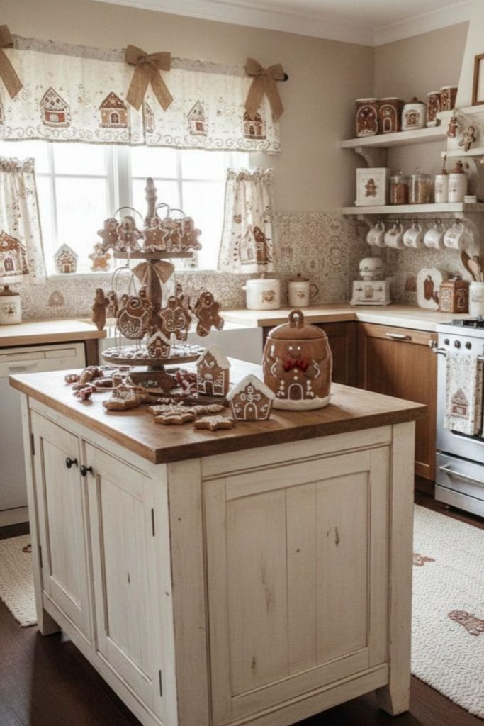 Gingerbread cottage décor in warm tones.