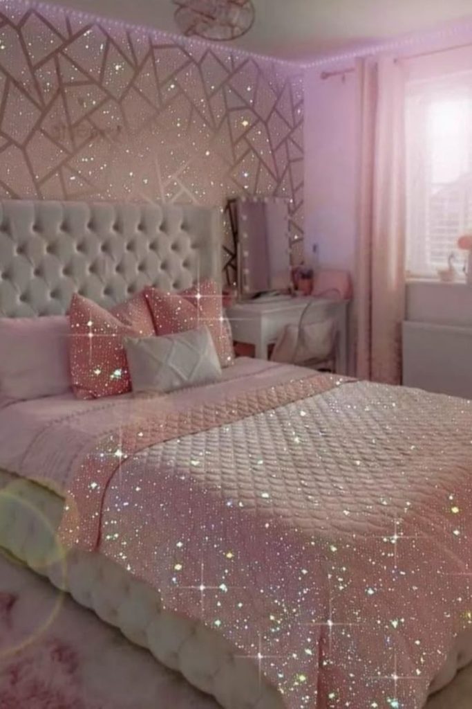 Glam rhinestone bedroom with blush tones.