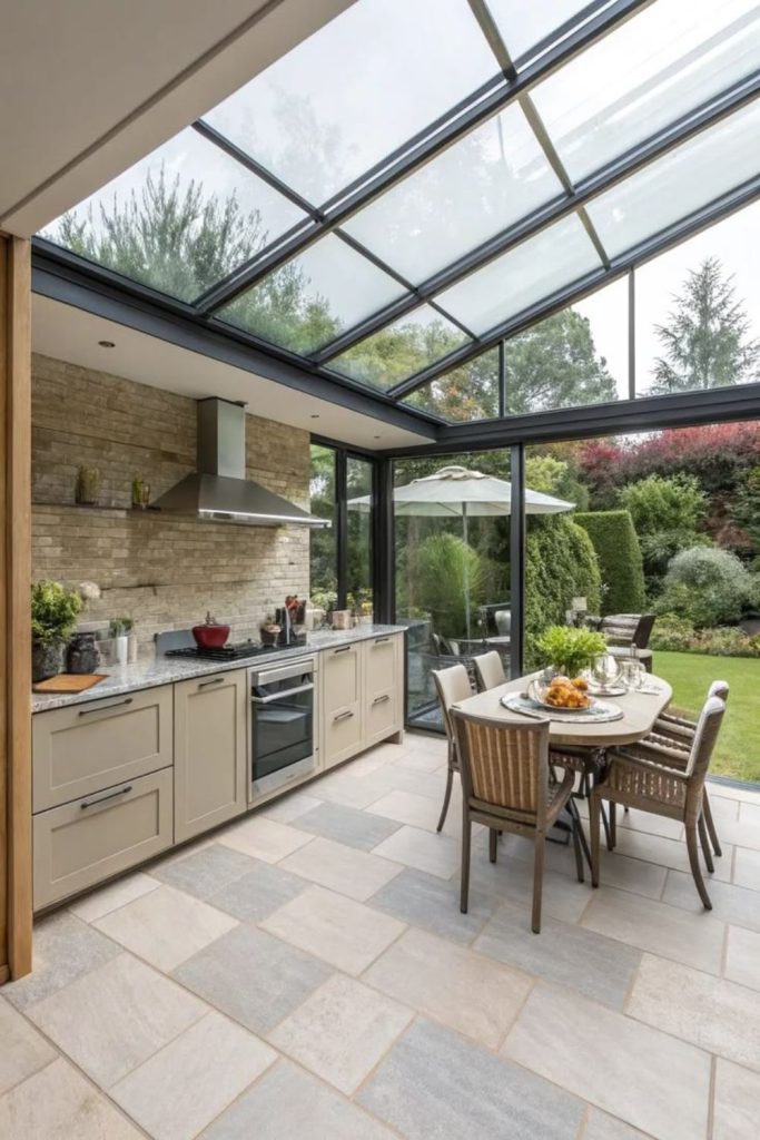 Glass roof outdoor kitchen garden setting.