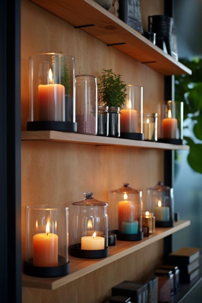 Elegant glass vessels on shelf.