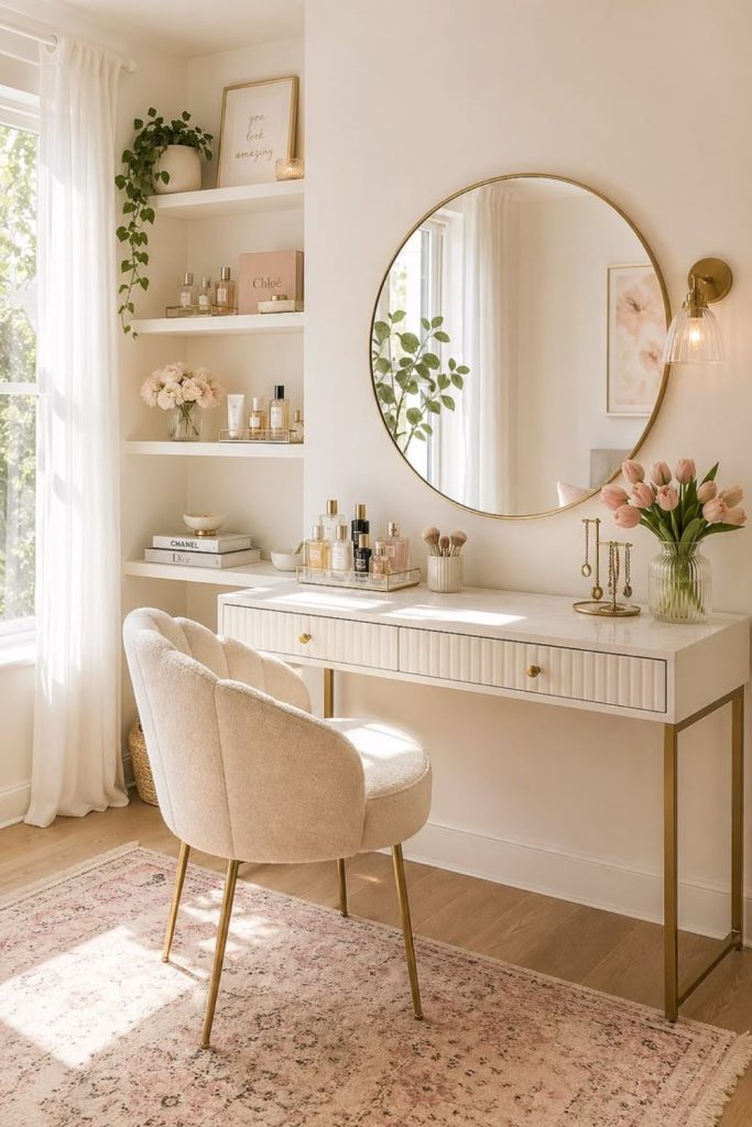 Gold accent glamorous dorm desk styling.