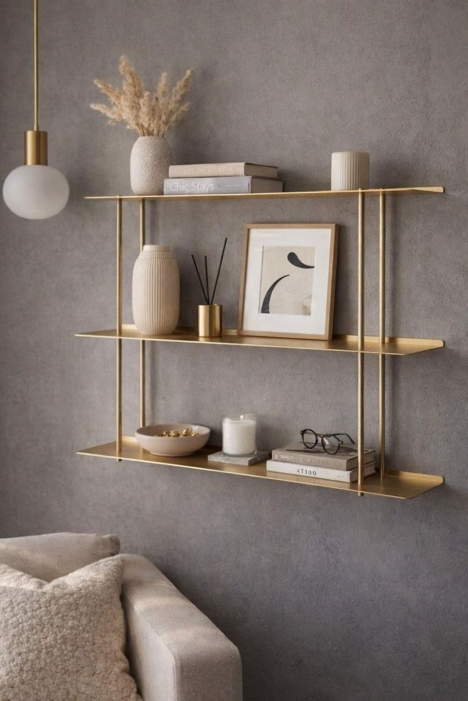 Gold accent glam shelf styling.