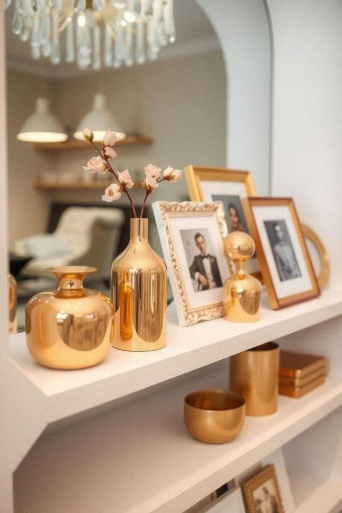 Gold accents elevating shelf decor.