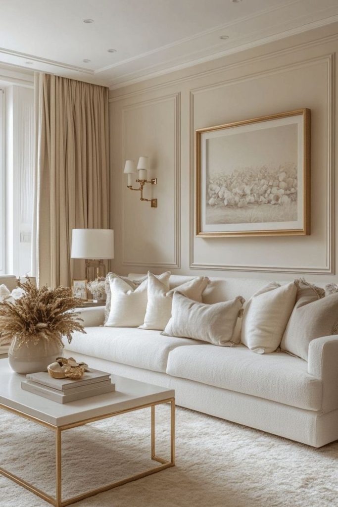 Beige transitional room with gold accents.