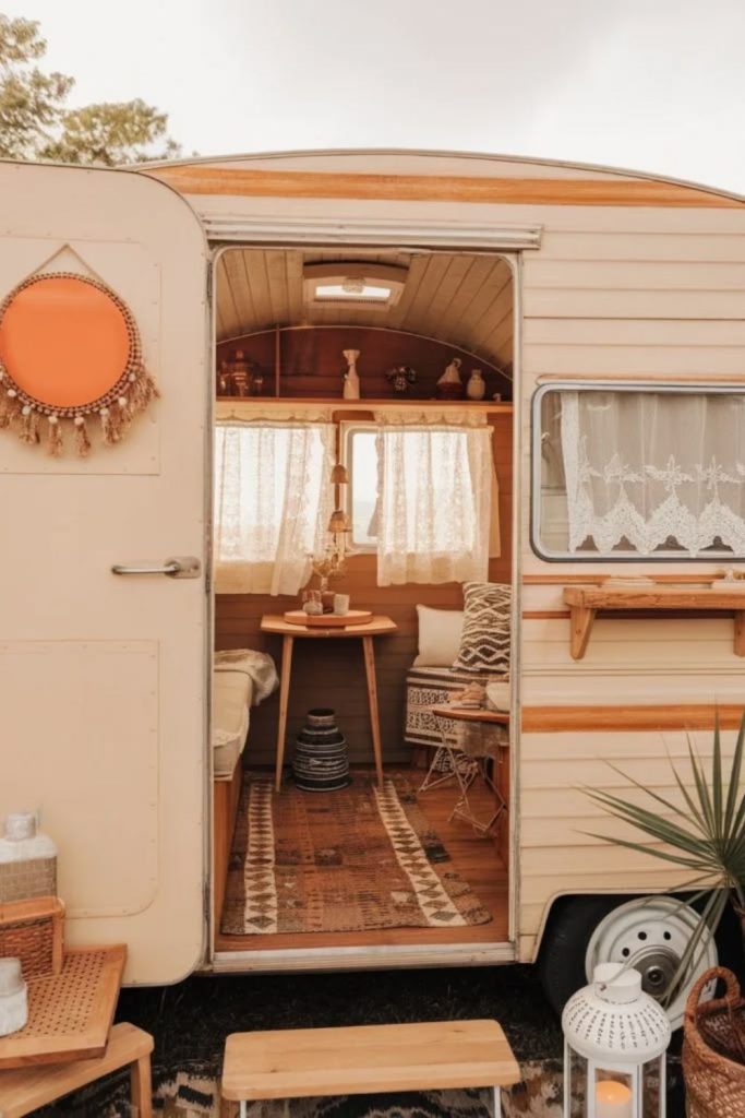 Prairie-inspired camper featuring honey wood tones.