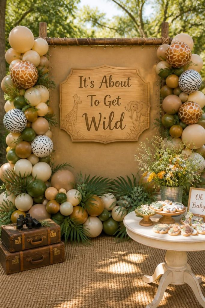 Golden safari baby shower party decorations.