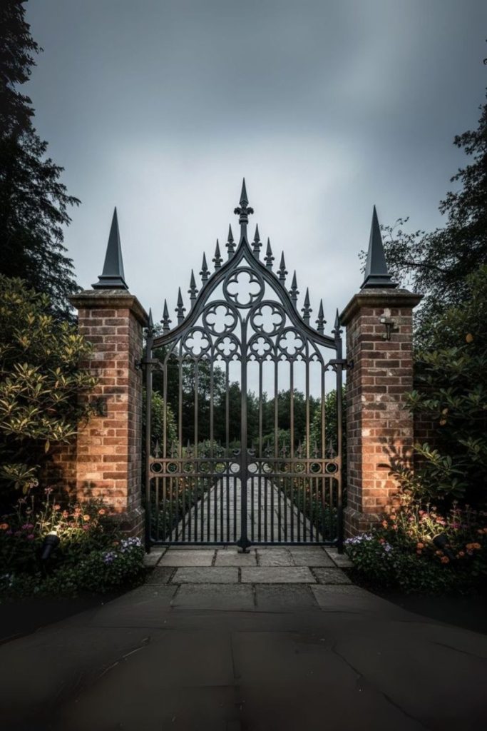 Gothic iron fortress arched dramatic entrance gate