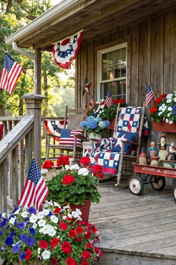 Heritage porch with balanced flags lanterns and dignified patriotic home design
