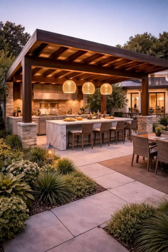 Grand oak covered outdoor kitchen gathering.