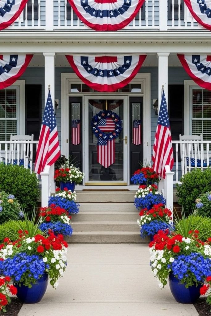 Bold American flag themed porch celebration display