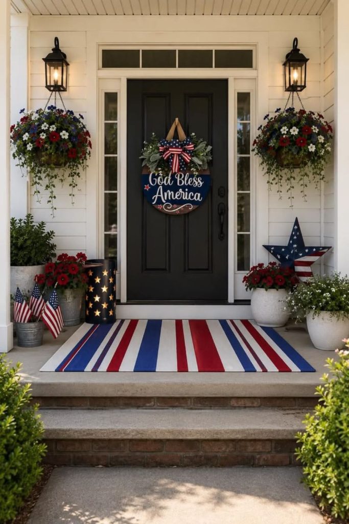 Wide porch with flags lanterns and grand patriotic parade style arrangement