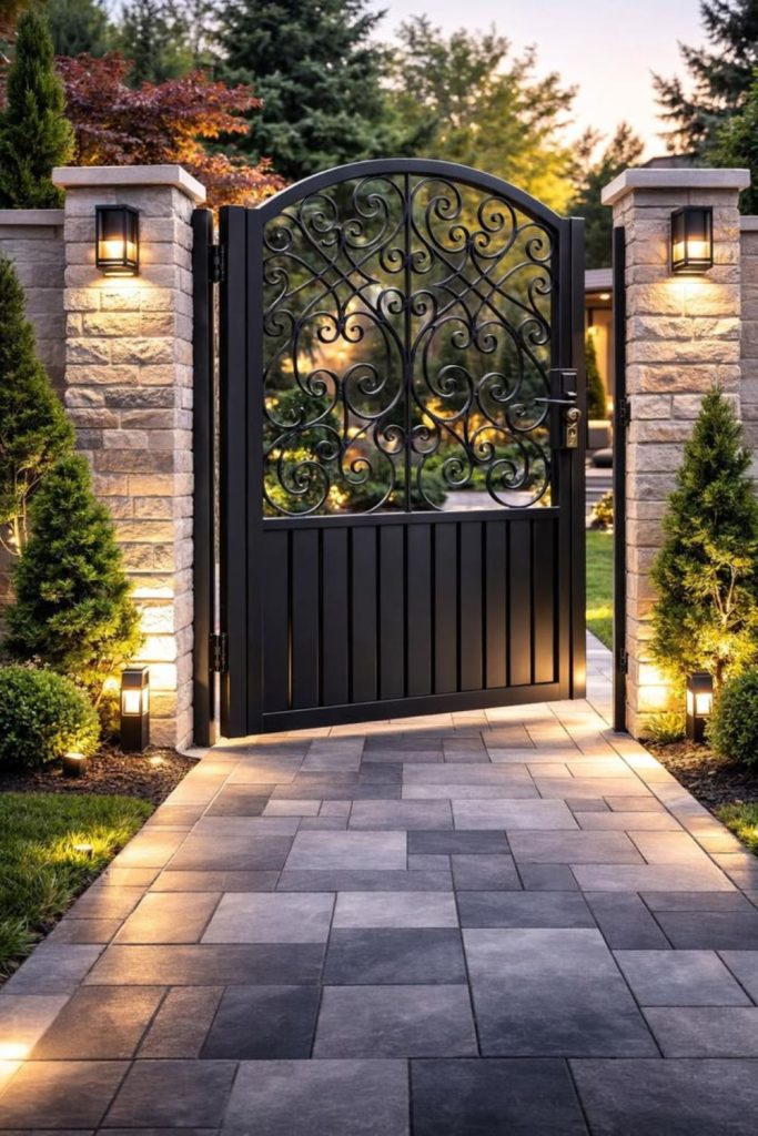 Hand forged artisan iron detailed entrance gate