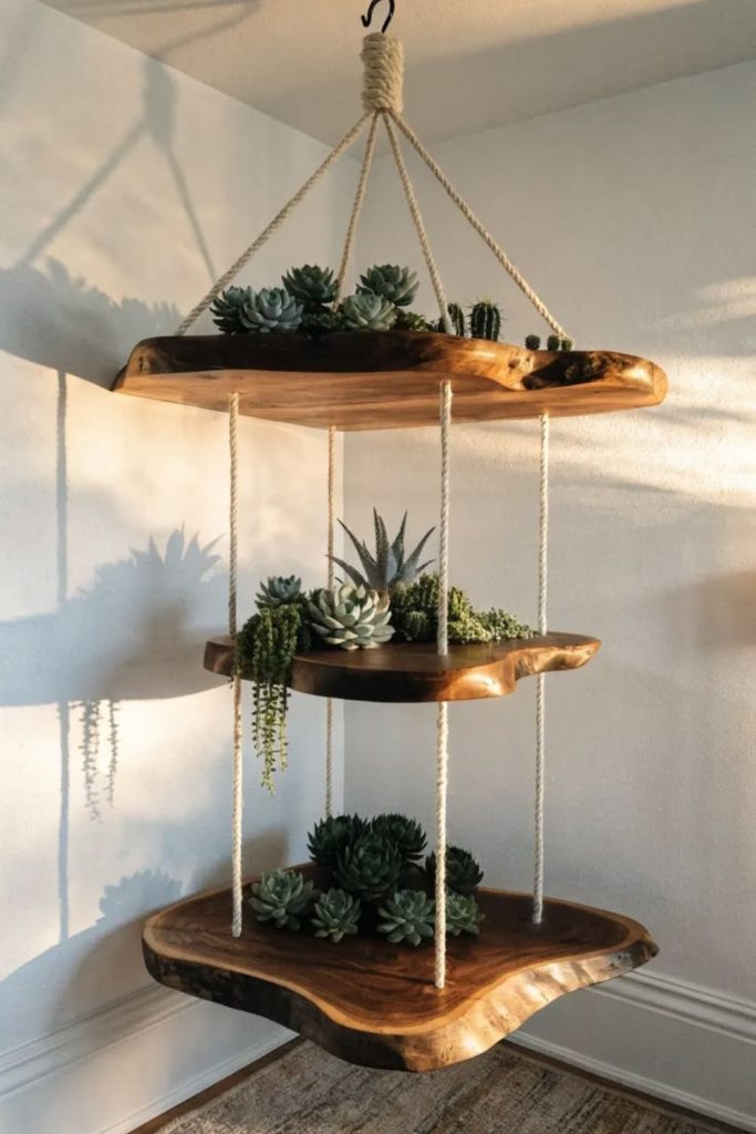 Hanging corner cascade plant shelves.