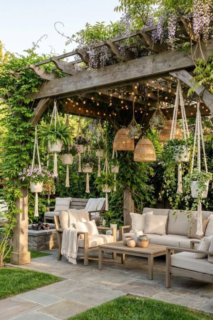 Hanging garden pergola lush greenery patio