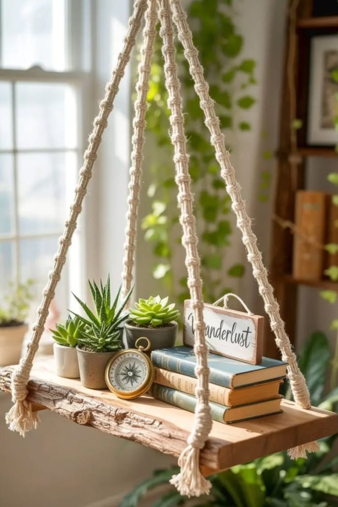 Suspended rope wooden hanging plant shelves